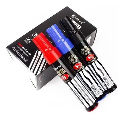 Caja con 6 marcadores Jumbo tinta permanente punta Cincel. 4 color negro 1 color azul y 1 color rojo